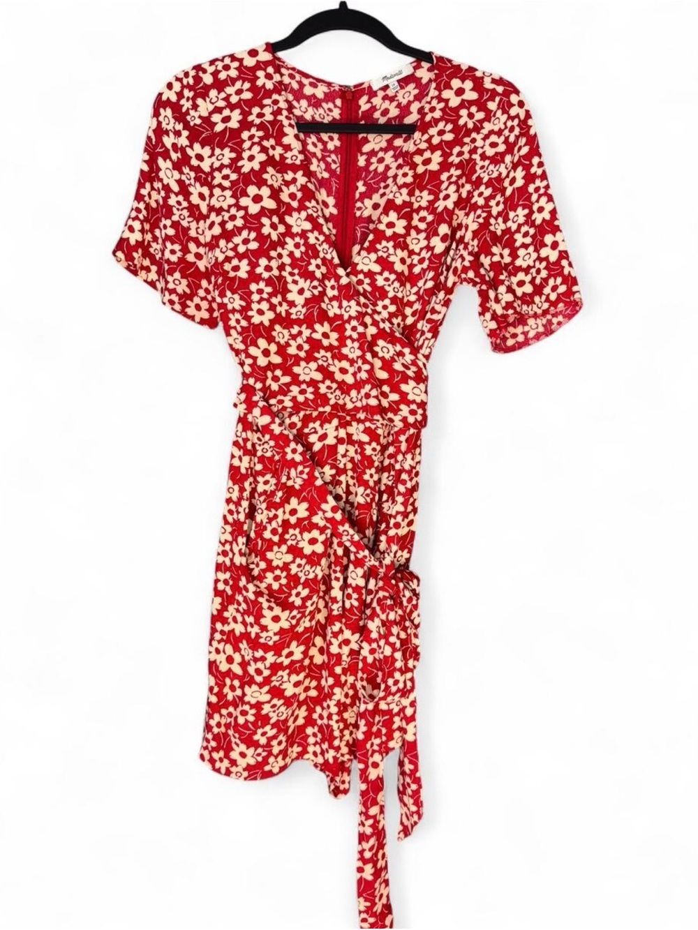 Madewell Red Floral Wrap Dress with Cream Flowers